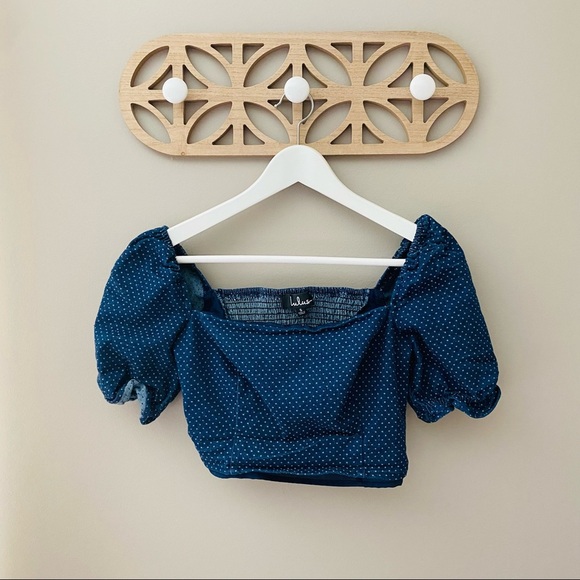 Lulu's Polkadot Denim Crop Top Blue Sz Small - Picture 1 of 7